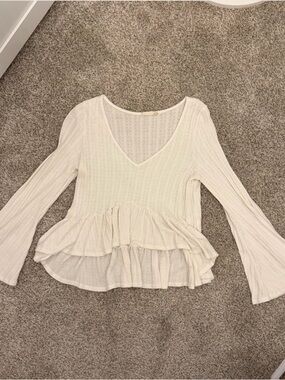 Women’s Cream Bell Sleeve Ruffle Hem V-Neck Top